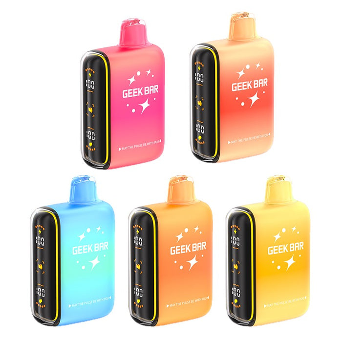 Geek Bar Pulse 15000 Savers Edition Disposable Vape with screen showing candy icon and e-juice level – available at VapeNear Online Vape Shop