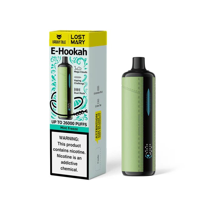 Massive puff count of up to 26,000 in the Lost Mary x Urban Tale E-Hookah Disposable Vape.