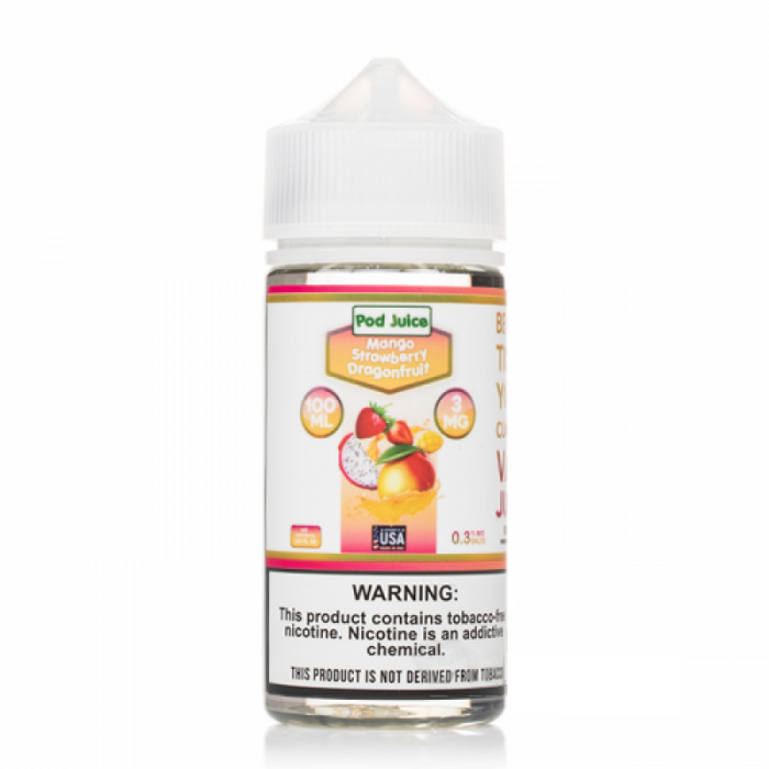 Pod Juice E-juice in 100ml size, featuring mango, strawberry, and dragonfruit flavors