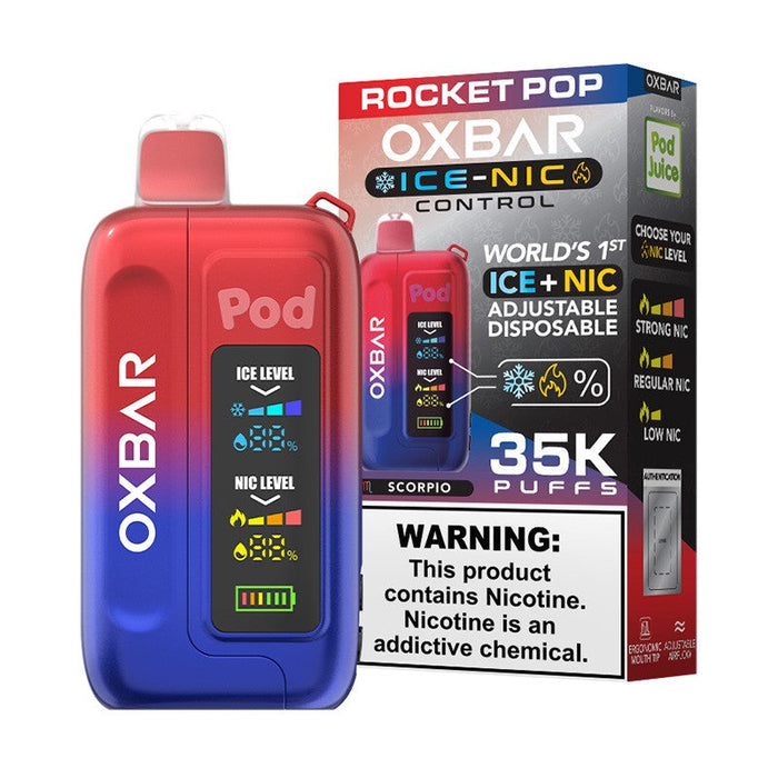 Pod Juice x OXBAR 35K disposable vape offering five ice levels, from smooth to brain freeze.