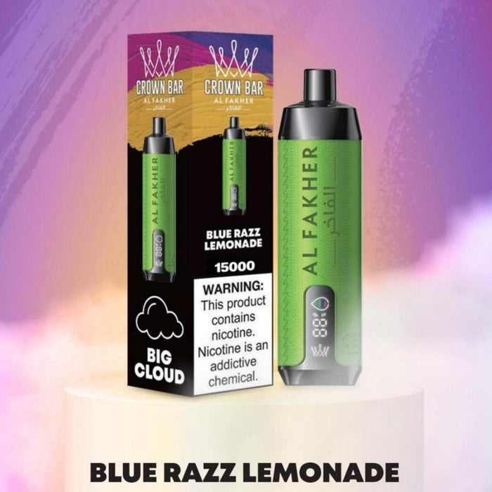 Leather grip AL Fakher Crown Bar 15K Pro vape in Blue Razz Lemonade flavor