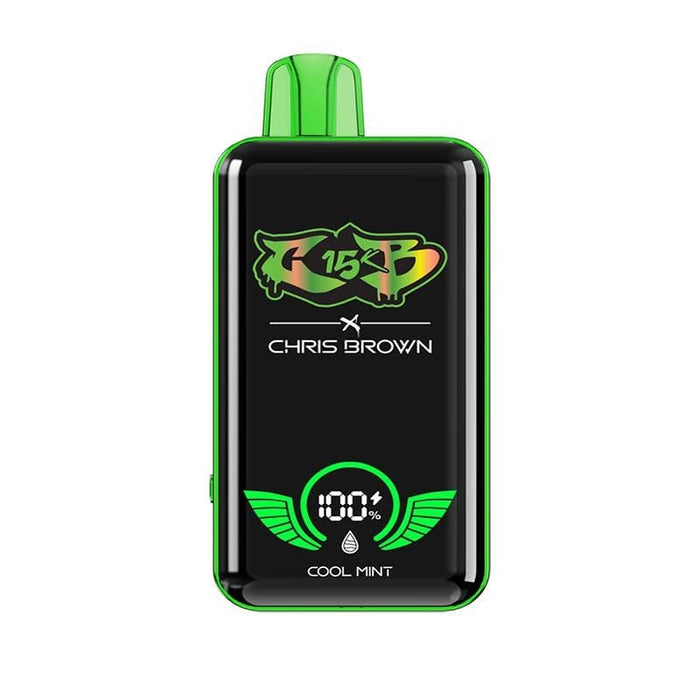 Wireless rechargeable Chris Brown CB15K disposable vape with a colorful digital display and wing animation.