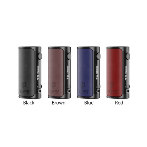 Sleek Eleaf iStick i75 Box Mod in black with Type-C charging port for fast recharging.