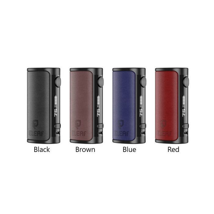 Sleek Eleaf iStick i75 Box Mod in black with Type-C charging port for fast recharging.