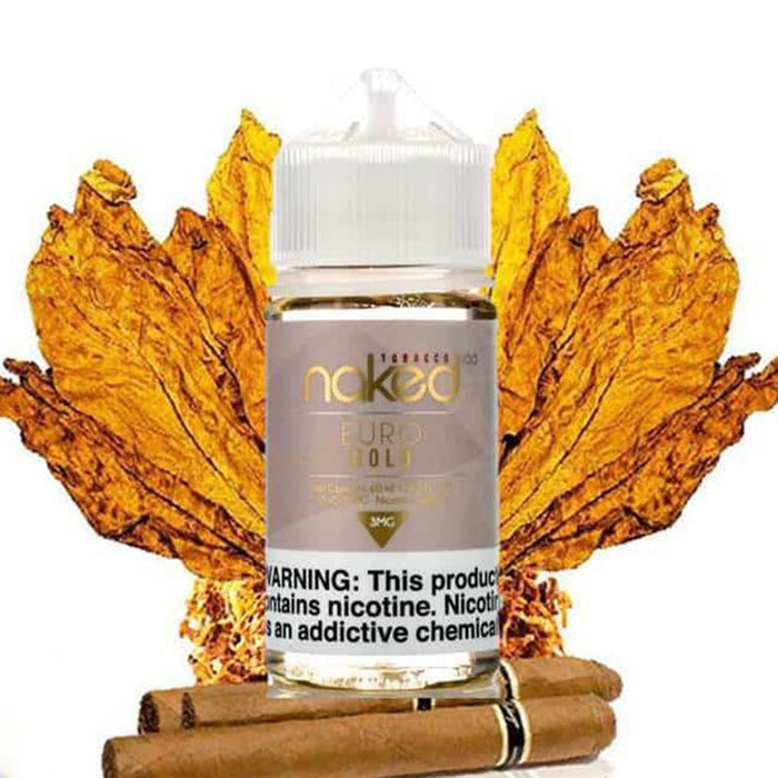 Naked 100 Euro Gold E-Juice available in nicotine strengths of 0mg, 3mg, and 6mg, perfect for vapers who seek a customizable vape.