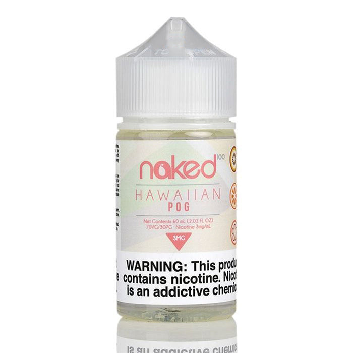 Close-up of Naked 100 Hawaiian POG 60ml vape juice with 65% VG for smooth clouds and intense tropical flavor, available in multiple nicotine strengths.