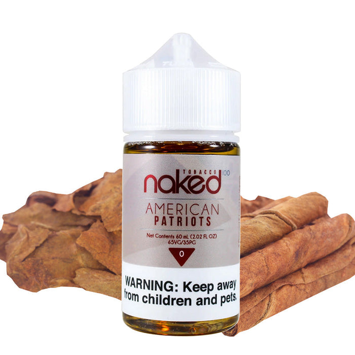 Naked 100 American Patriot E-Juice in a 60ml Chubby Unicorn bottle, offering a rich tobacco flavor with a smooth throat hit.