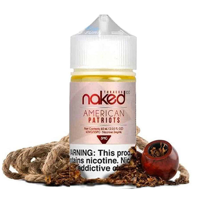 Smooth throat hit and rich flavor with Naked 100 American Patriot E-Juice, featuring a 65% VG and 35% PG blend for excellent vapor production.