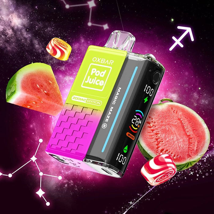 OXBAR Pod Juice Magic Maze 2.0 disposable vape with unique flavors like Blue Razz Cotton Clouds.