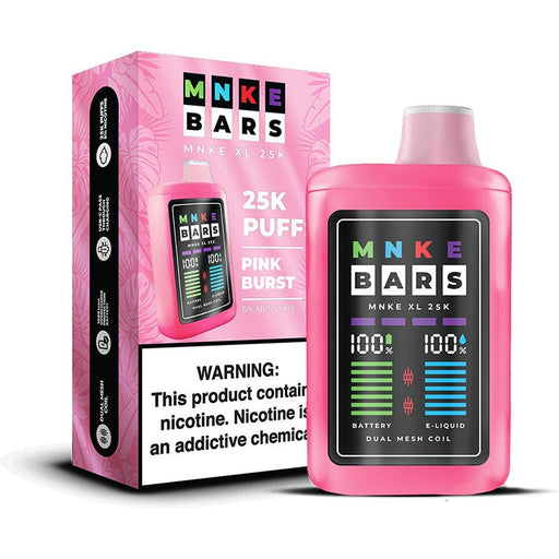 Rechargeable MNKE Bars XL vape featuring 18ml e-liquid capacity and dual mesh coils.