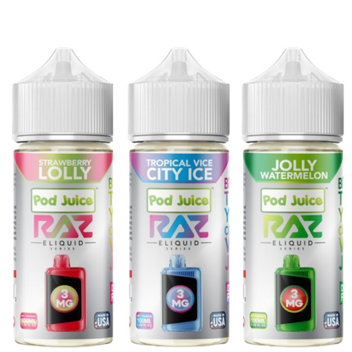 Jolly Blue Razz Ice Pod Juice RAZ bottle with freebase nicotine for bold flavor.