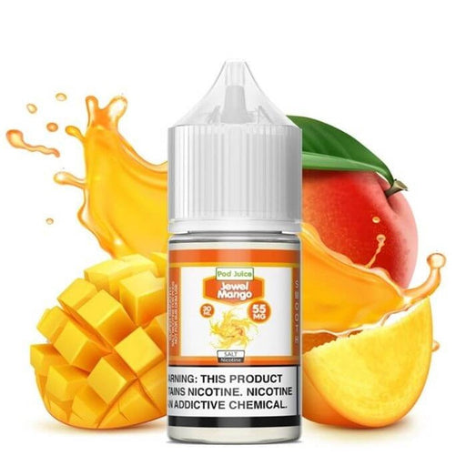 Pod Juice Salt Jewel Mango E-Juice 30ml bottle with a sweet mango flavor and a subtle tangy twist, perfect for pod systems.