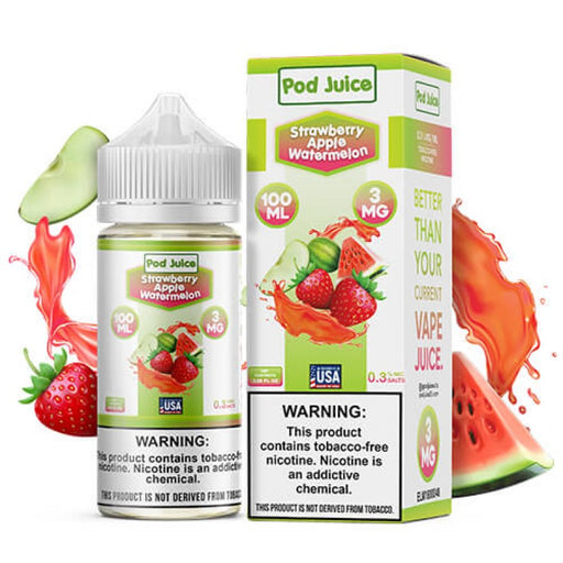 Pod Juice Strawberry Apple Watermelon E-juice 100ml offers a refreshing fruity blend with strawberry, apple, and watermelon flavors for an all-day vape.