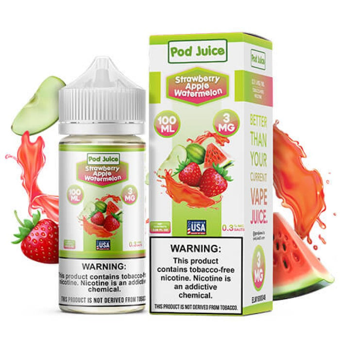 Pod Juice Strawberry Apple Watermelon E-juice 100ml offers a refreshing fruity blend with strawberry, apple, and watermelon flavors for an all-day vape.