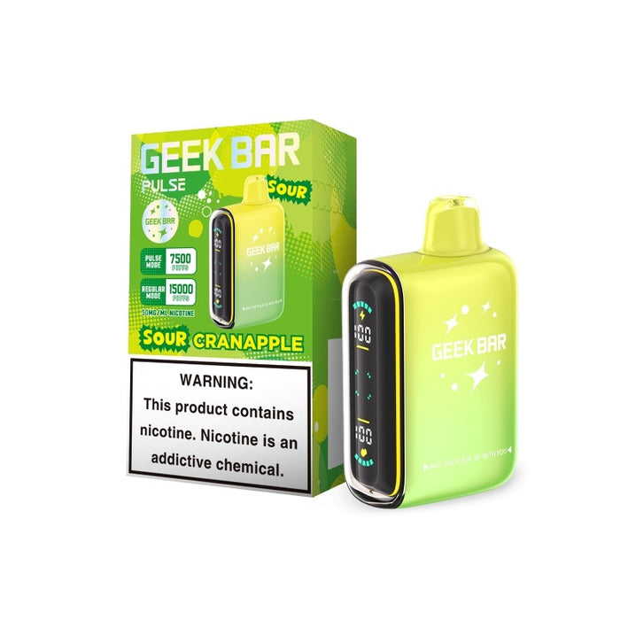 Geek Bar Pulse 15000 Sour Edition Disposable Vape offering 7500 puffs in Pulse Mode for an enhanced sour vaping experience.