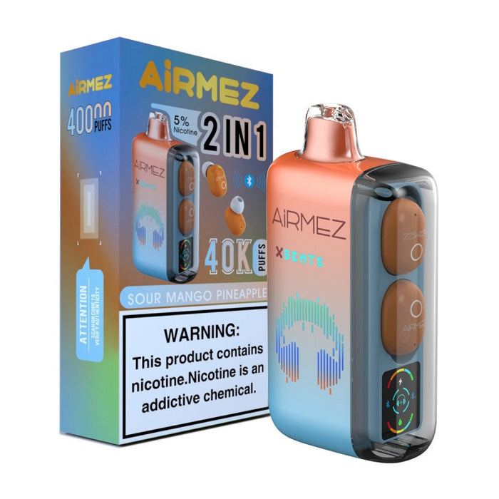 AiRMEZ Xbeats 40K Disposable Vape in unique flavors like Sour Apple Ice and Raspberry Peach Lime, available now.