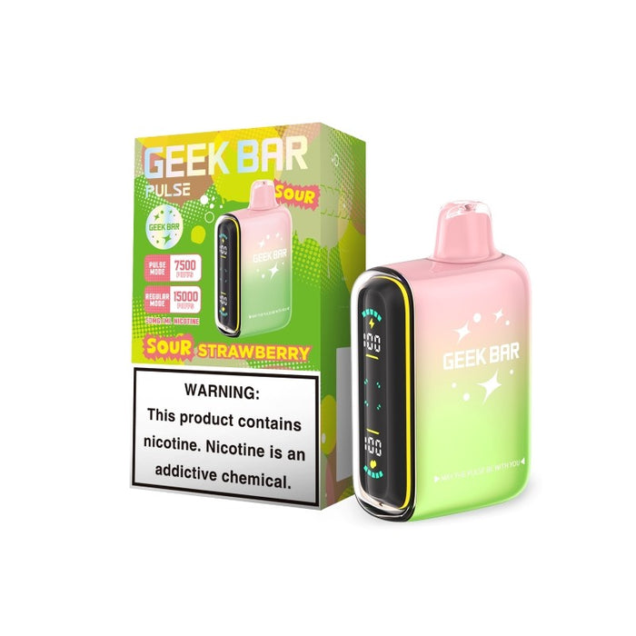 Geek Bar Pulse Sour Edition Disposable Vape with a large screen showing "Sour" flavor indicator and two vaping modes.