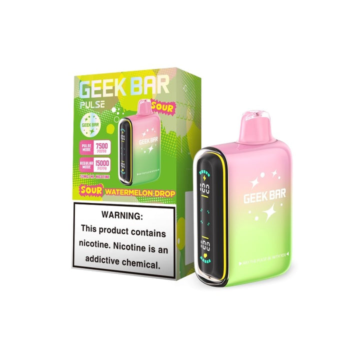 Rechargeable Geek Bar Pulse 15000 Sour Edition vape with dual mesh coils and sour fruit flavors for up to 15,000 puffs.