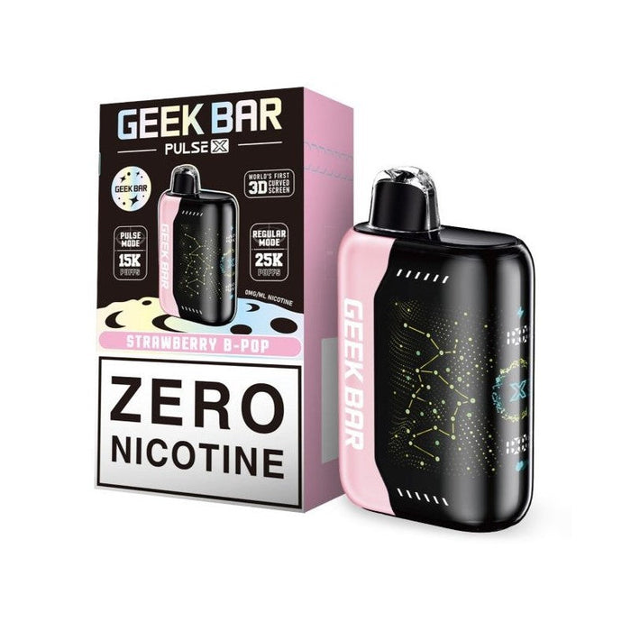 Nicotine-free Geek Bar Pulse X 25K vape with a 3D-curved screen, providing up to 25,000 puffs and smooth airflow adjustment.