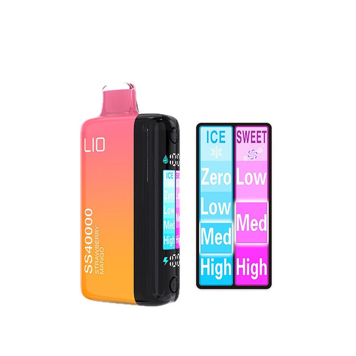 iJOY Lio SS40000 disposable vape with smart display showing battery and e-juice levels.